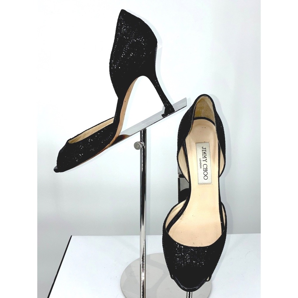 Jimmy Choo Logan D'Orsay Black Glitter Heels Snakeskin EU 36‎ Peep Toe Sandal